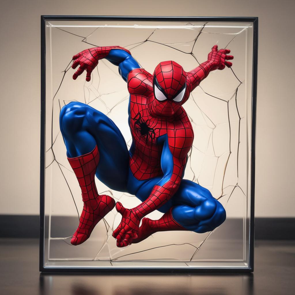 The spider man figure with spider man back ground inside the glass photo frame,13