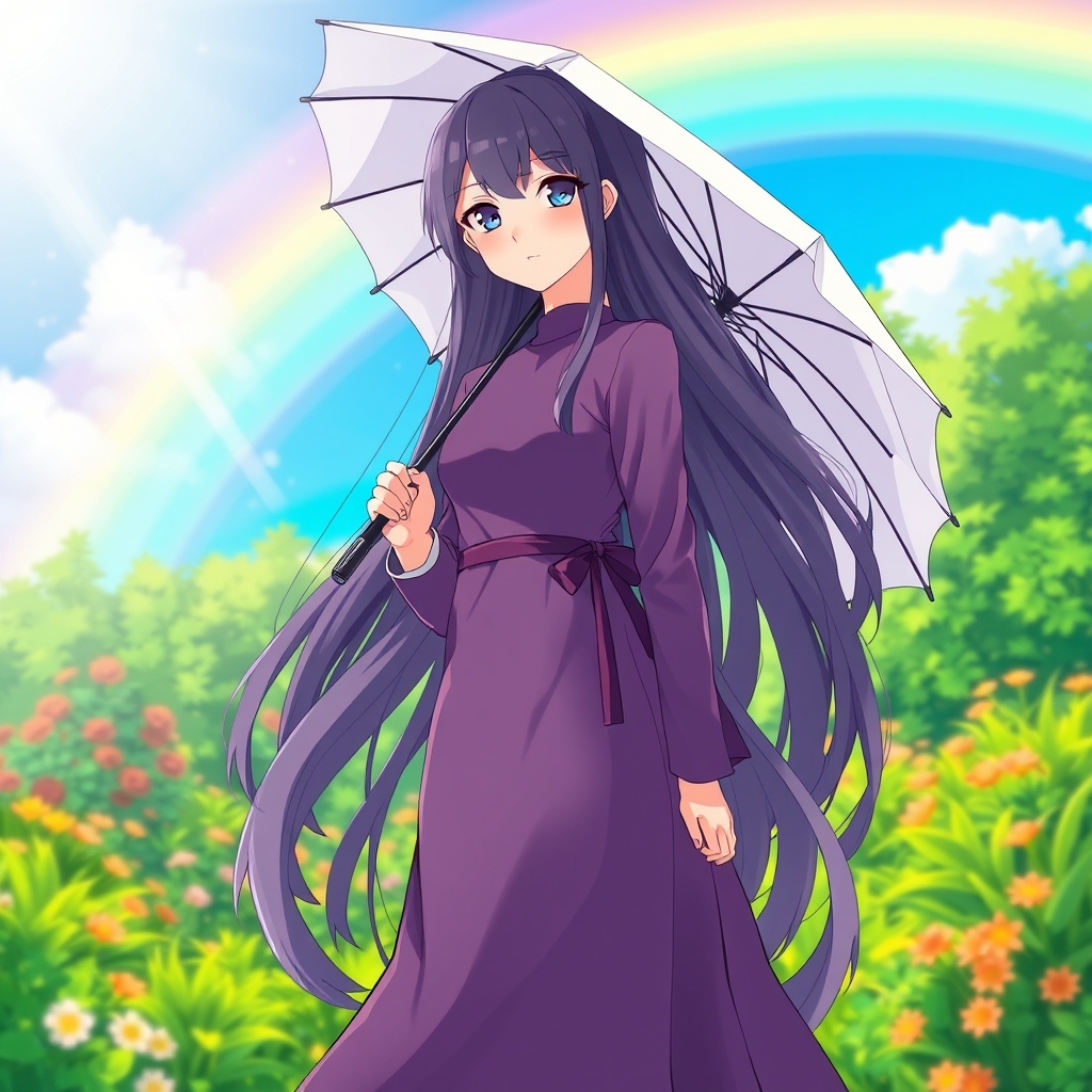 عکس دختری با مو های لخت و در فضای دورش یک رنگین کمان و یک باغ بسیار سر سبز و مو هایش بلند باشد و لباسش بنفش و لبس دامن باشد و چتری داشته باشد
13