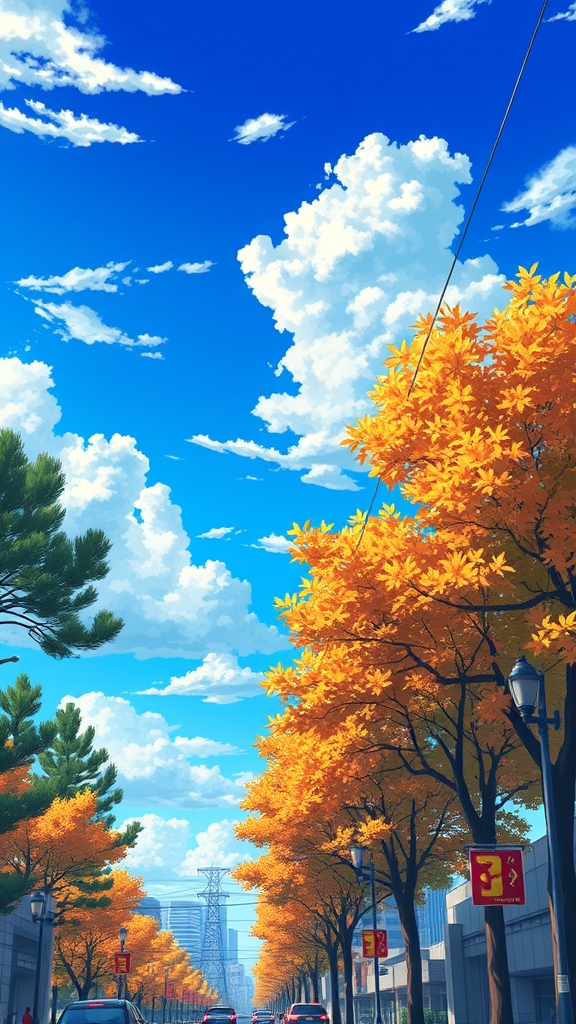 آسمان آبی و ابری ونمای شهر در ظهر آفتابی.جاده ای پر جمعیت زیبا با درختان کاج و برگهای نارنجی روی زمین در حال ریختن وسیم ها وستون های برق .در دل یک شهر شلوغ پر سروصدا ی تمیز.7