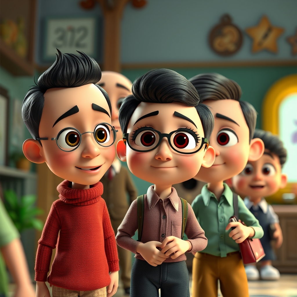 Stylized 3D animation in Pixar/Disney style, with soft and realistic textures, cinematic lighting, exaggerated yet human facial expressions, highly detailed cartoon rendering, and slightly plasticized materials."5