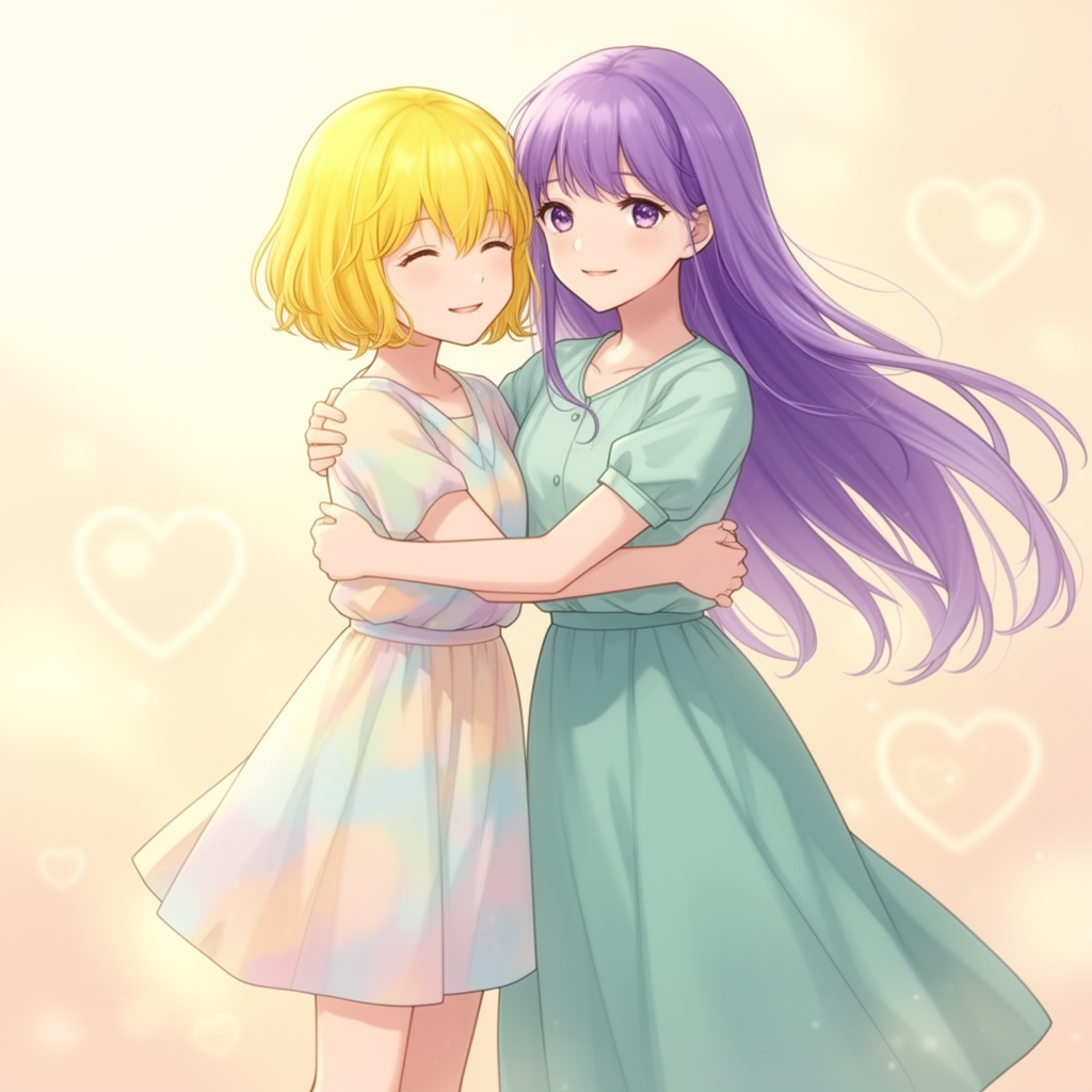 یک دختر مو زرد مو کوتاه با یک دختر مو بنفش مو بلند که هم دیگرو بقل کردن💜💛2