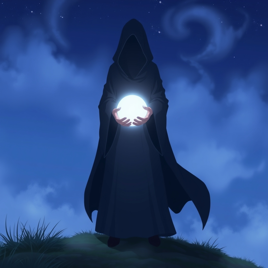 یک شبح مرموز از فردی که یک کره درخشان در دست دارد، ایستاده روی تپهای مهآلود.6