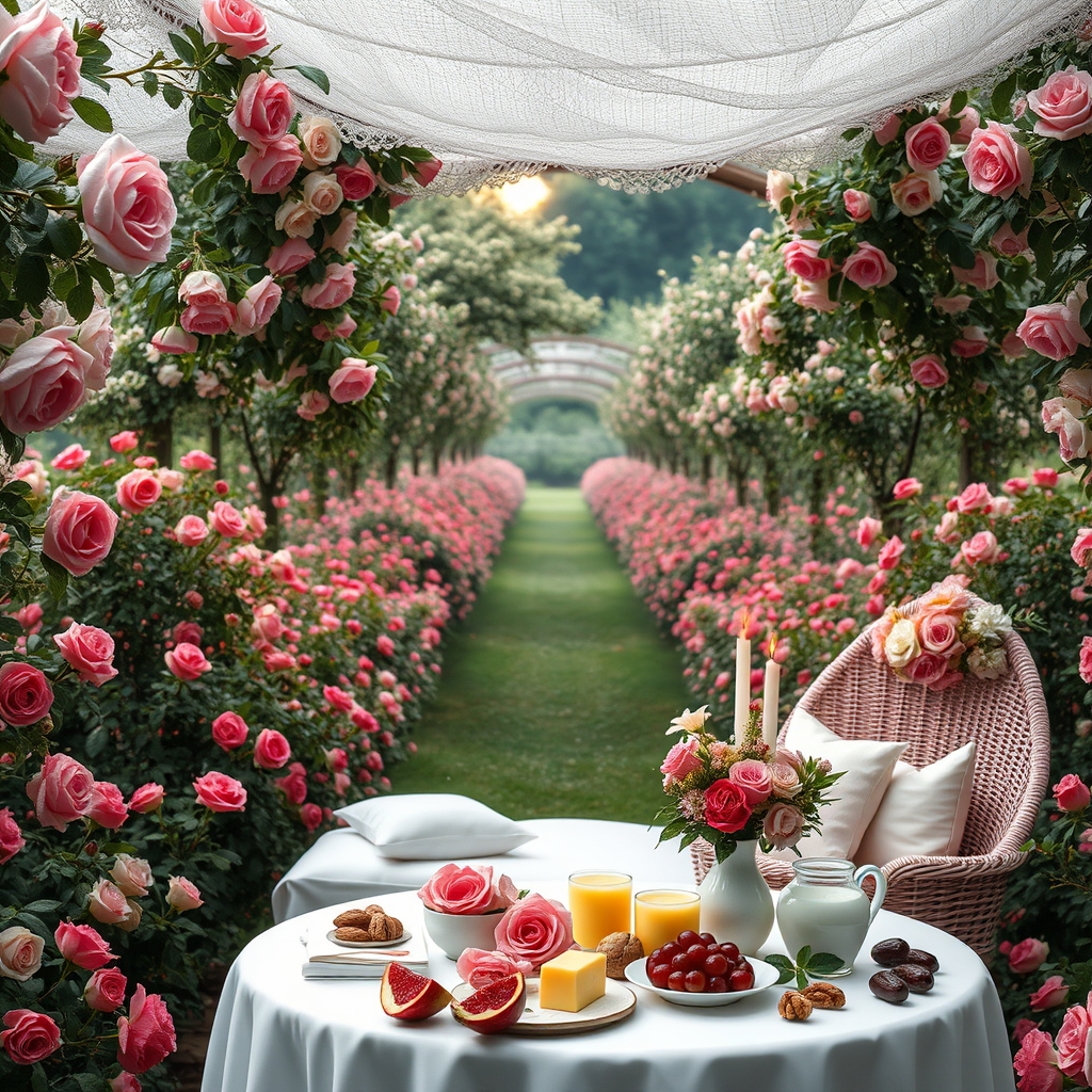 در صبح بهاری بارانی باغ گل رز صورتی در احاطه درختان پر شکوفه زیر تونل بلند از گل های رز صورتی و سرخ یک خیمه توری گل بهی سفید و صورتی با تخت گرد صورتی با کوسن های سفید پر از گل های رز صورتی 
و میز کوچک سفید با تزیین شمع و رز صورتی نان کره خامه عسل میوه انار انگور سیب شیر شیر برنج گردو خرما 



20