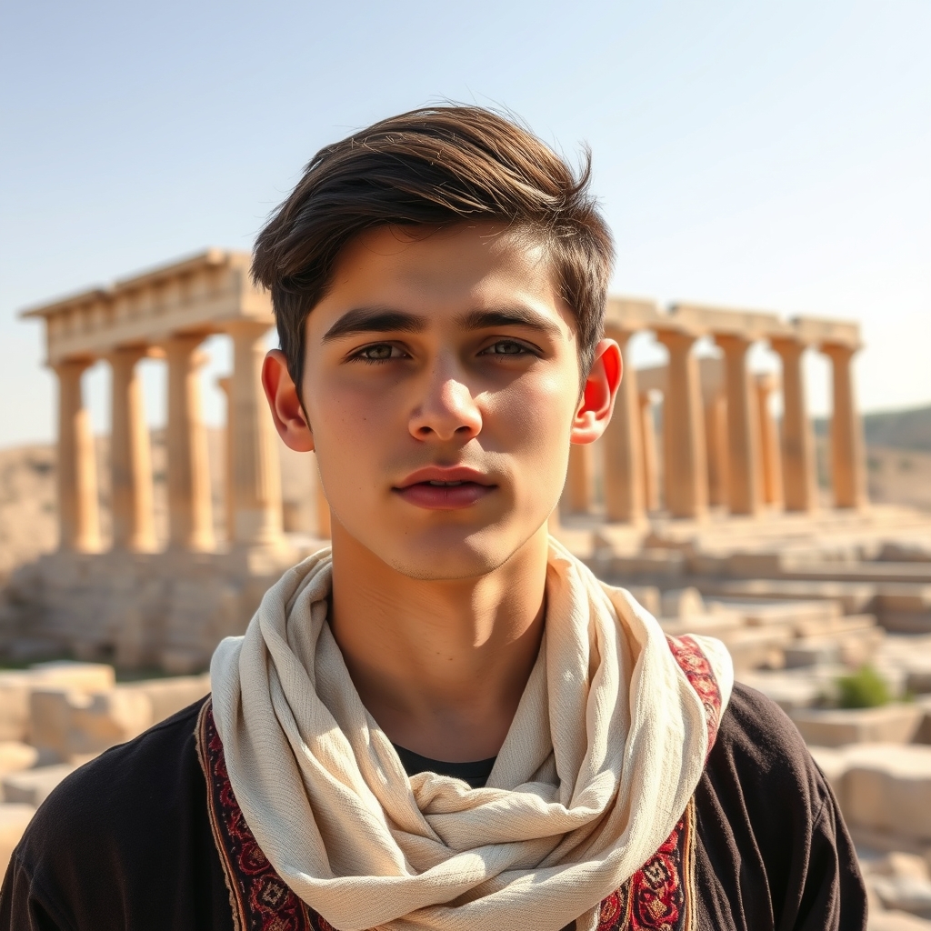 پسر ۲۰ ساله قزوینی زیبای ایرانی سفید پوست چشم های قهوه ای موهای قهوه ای تیره یا کمی ابروهای کشیده و پرپشت مژه های کوتاه و لب های خوش حالت و دماغی کشیده با لباس محلی پس زمینه تخت جمشید1