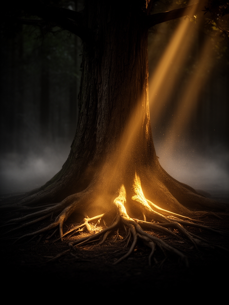 یک درخت که ریشه در تاریکی داره و ریشه های توی نور حرکت میکنه0