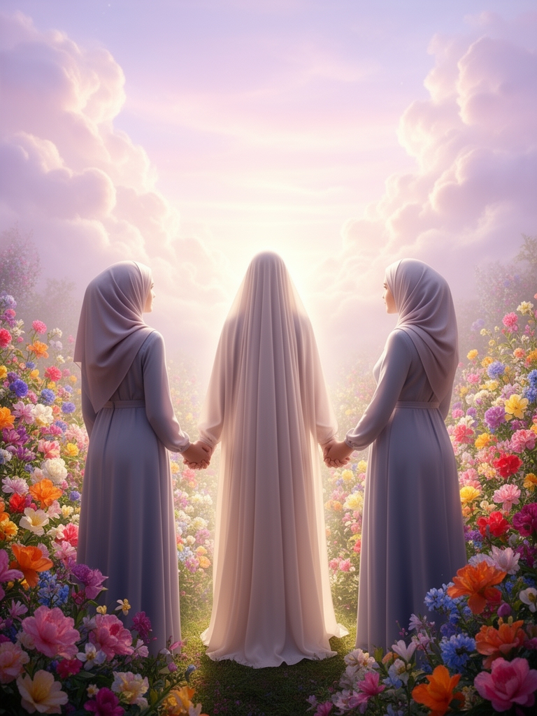 عکسی از یک مادر و یک دختر که پشت به دوربین ایستاده اند با حجاب زیبا و در بهشت جلوی یک خانم 20 ساله ایستاده اند که کل صورتش را با پارچه پوشانده است و دستان او را گرفته اند.
فضا بسیار زیبا و پر از گل باشد.1