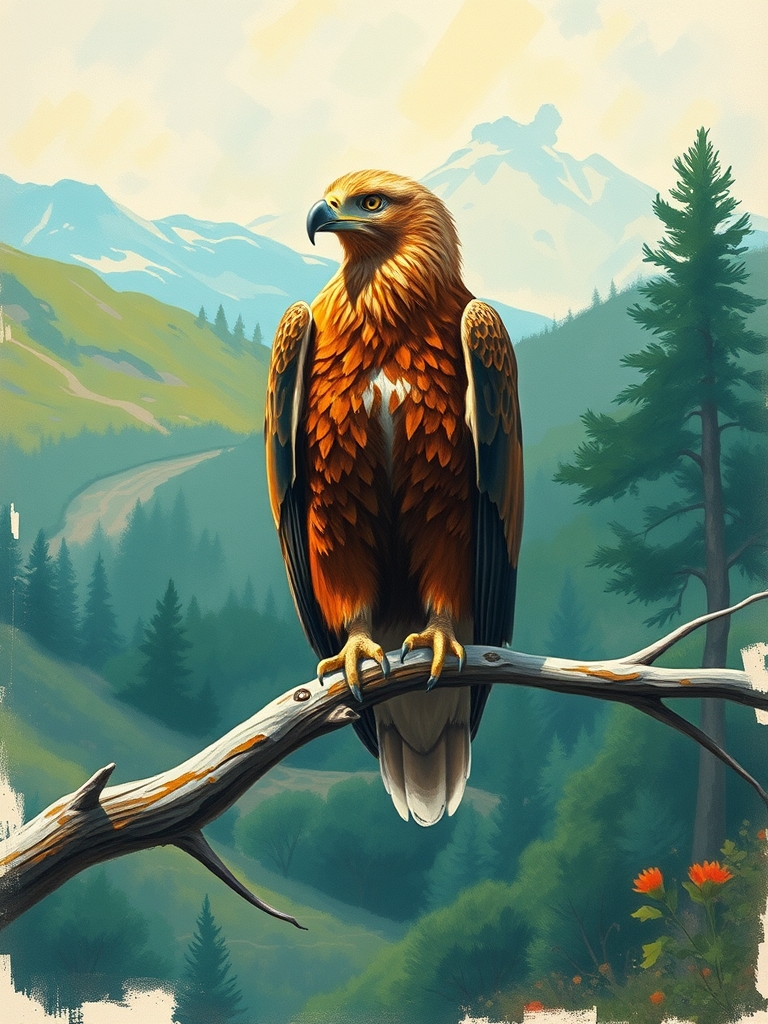 یک عقاب زیبا و با رنگ های کمیاب در طبیعت زیبا بر شاخه ای نشته اس به سبک پست امپرسیونیسم 5