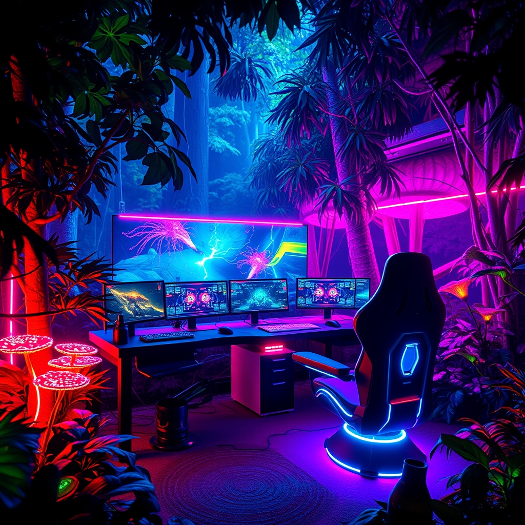 یک اتاق گیمینگ که  پر از نور است خیلی نور دارد و وسط جنگل است و تقریبا شب است و زیبا15