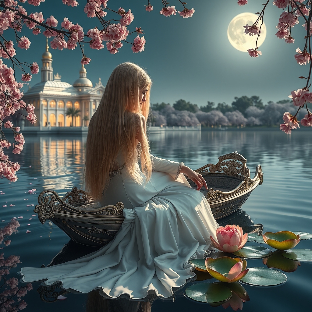 قصری شیشه ای در کنار دریاچه با شکوفه گیلاس بانویی با موهای بلند و زرد ابریشمی با لباسی سفید الماس دار سلطنتی سوار بر قایق خیلی زیبا با گل نیلوفری در دریا است را لمس میکند موهایش آنقدر بلند است که روی آب هم هست و ماه کامل بسیار درخشند است شکوفه های گیلاس در هوا و روی آب باد میوزد13