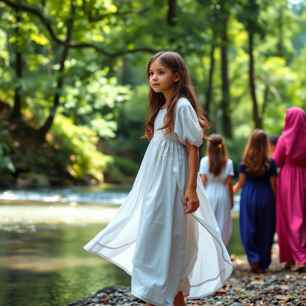 دختر بالباس هریری در کنار آب که از جنگل میگذره ولباس هریرود بالند وبا دوستاش0