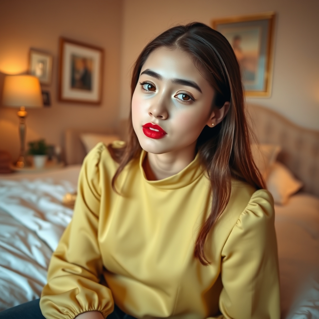 یک دختر نوجوان که در اتاق دخترانه و خیلی زیبا و شیک ترین وخوشگل ترین اتاق باشد و روی تخت دو نفره باشد و با لبانی سرخ و پوستی سفید باشد و با بلوزی لیمویی و زیبا باشد 16