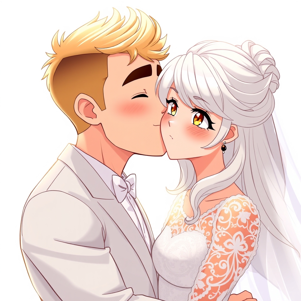 دامادی در حال بوسیدن عروس است که صورتی تپل و شاداب دارد . آبرویش کشیده و موی پرپشت و بور 
دارد و بدن او ورزیده است. عروس نیز دختری   زیبا است که موهای او یخی رنگ وچشم طلایی
دارد و لباسی توری و سفید پوشیده.
4