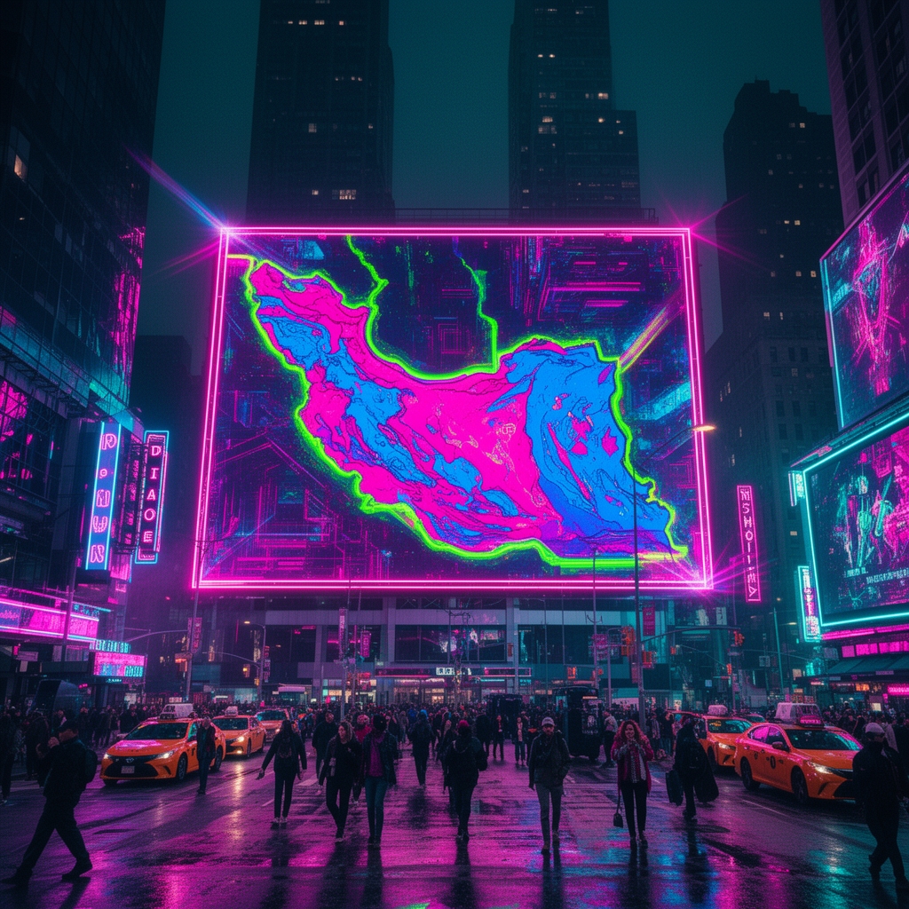 بیلبورد تبلیغاتی بزرگ در وسط میدان تایمز نیویورک که تصویر کشور ایران درآن وجود دارد
2