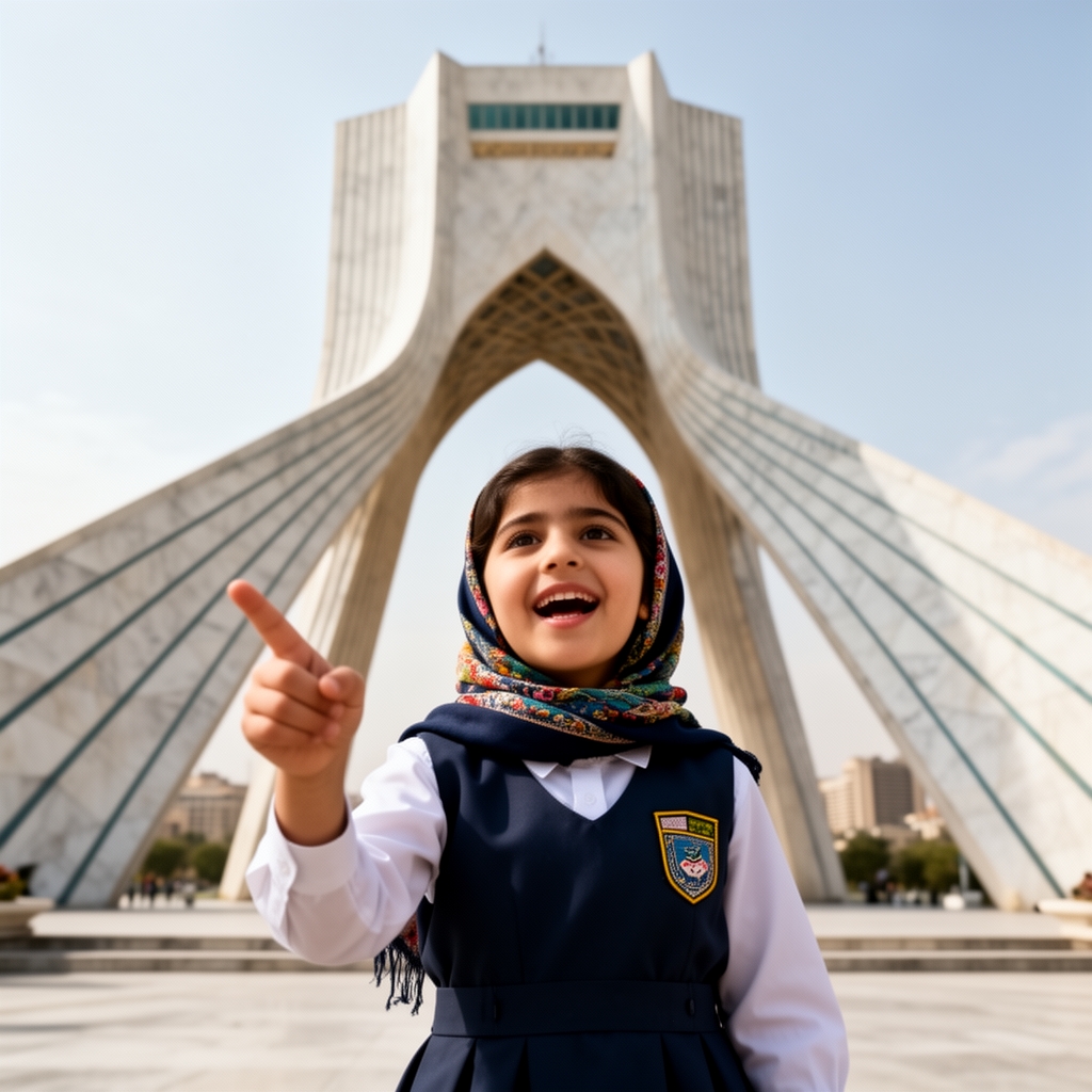 دختری ۱۰ ساله ایرانی با فورم مدرسه و مقنعه او جلوی برج میدان آزادی تهران است و از نمای پایین ازش عکاسی شده او خوشحال است و انگار دارد چیزی میگوید و انگشت اشاره اش سمت میدان آزادی است3