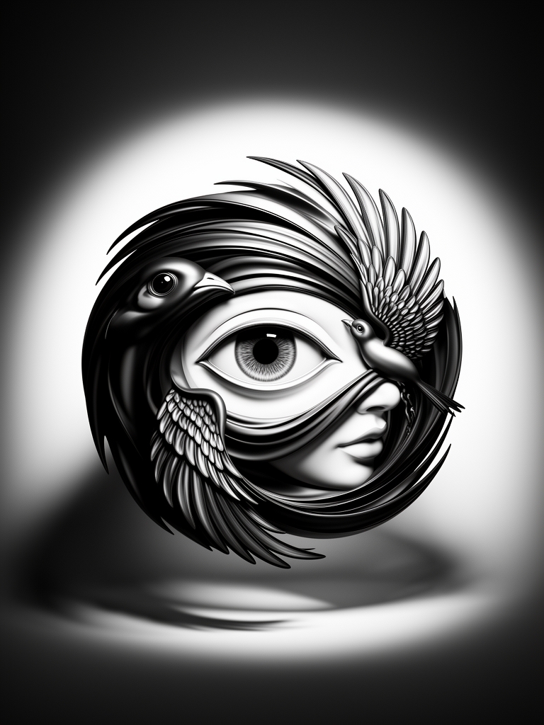 The image is a black and white abstract artwork featuring a woman with an eye and a bird, blending into each other in a swirling, flowing pattern.0