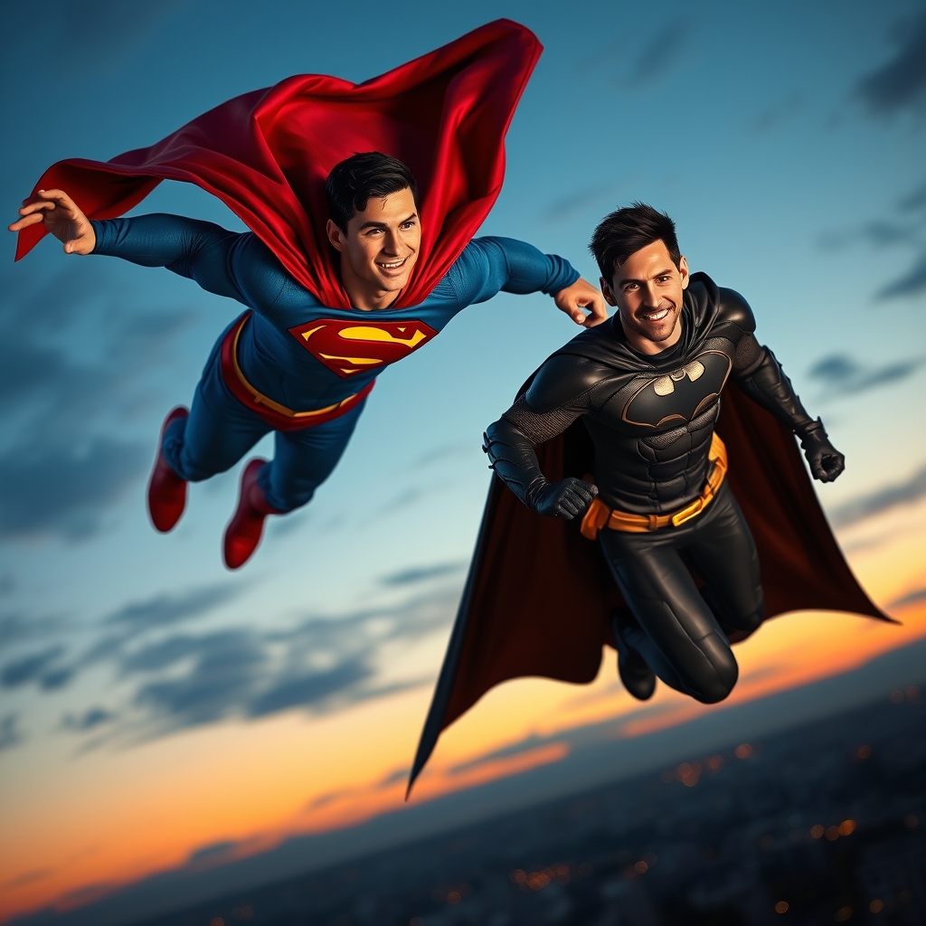 رنالدو با لباس سوپر مند در حال پرواز و کنار او مسی با لباس بتمن13