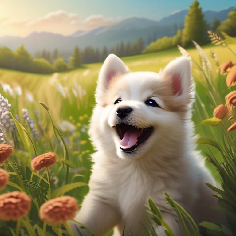 توله سگ بامزه‌ای که در حال خندیدن است و بک گراند اون علفزار هست0