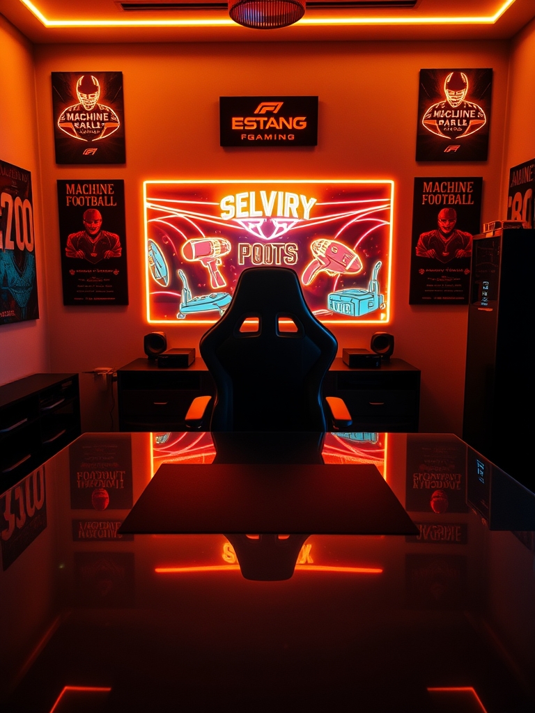 سلام یه عکس بده بهم که فقط یه اتاق گیمینگ خیلی شیک باشه زاویه دوربین از پشت میز و یک صندلی گیمینگ خوشگل هم پشت میز صاف وجود داشته باشه بدونه  اینکه هیچ کسی پشت میز نشسته باشه صندلی به سمت دوربین باشه و تابلو های نئون گیمینگ وجود داشته باشه و تابلو های ماشینی و فوتبالی هم باشه که نور طلایی رمانتیک خوشگل به تابلو های ماشینی و فوتبالی تا بیده باشه میز هم به سمت دوربین باشه0