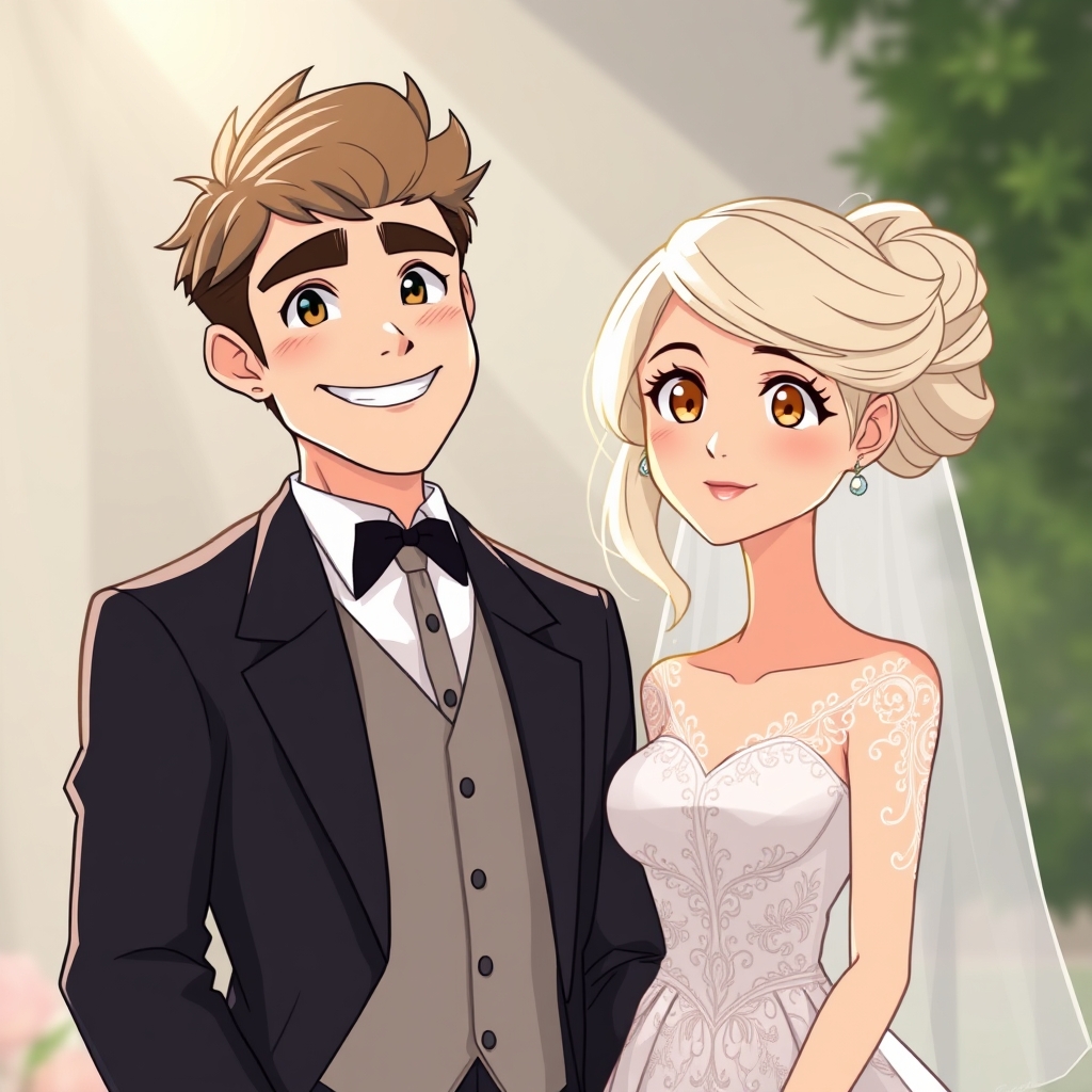 دامادی در کنار عروس است که صورتی تپل و شاداب دارد . آبرویش کشیده و موی پرپشت و بور وسیاه است. بدن او ورزیده است. عروس نیز دختری
زیبا است که موهای یخی و چشم های طلایی دارد.
لباس نیز سفید و توری است.
10