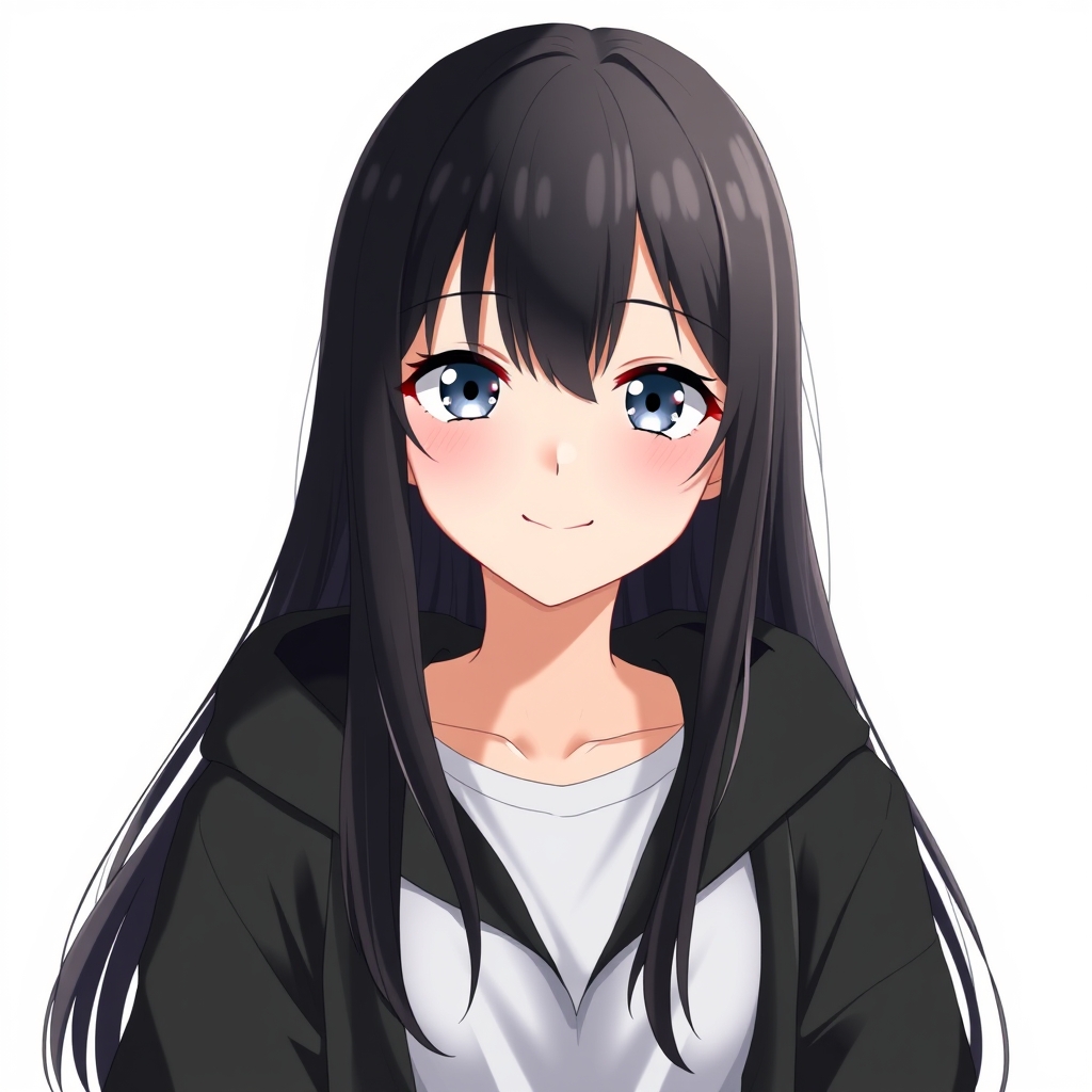 یه دختر با تیشرت سفید که روش هودی سیاه پوشیده و موهای بلند صاف مشکی برق . چشم های طوسی رنگ و لبخند.حدود۱۹ ساله1