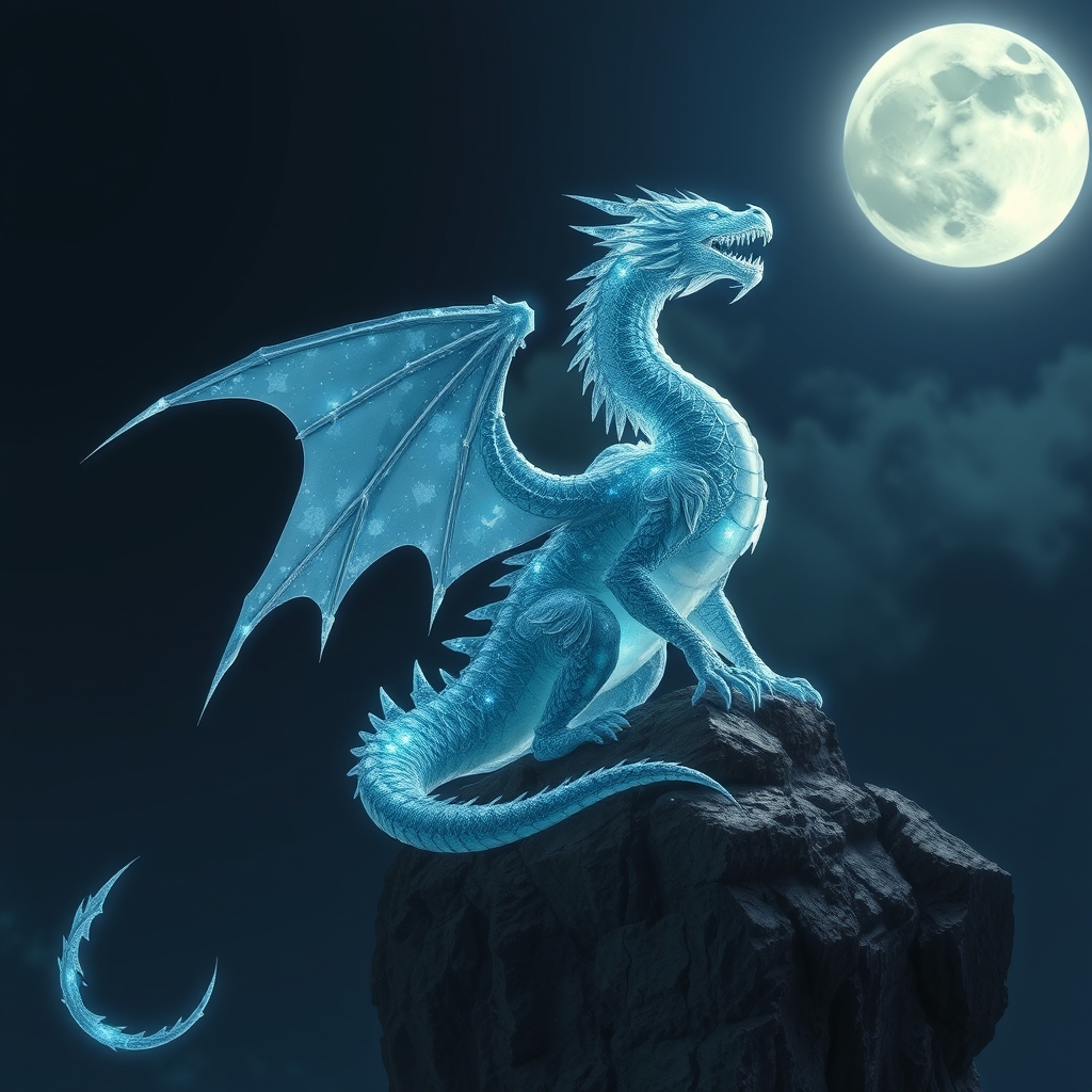 یک اژدهای کریستالی درخشان نشسته روی صخرهای زیر نور ماه کامل.0