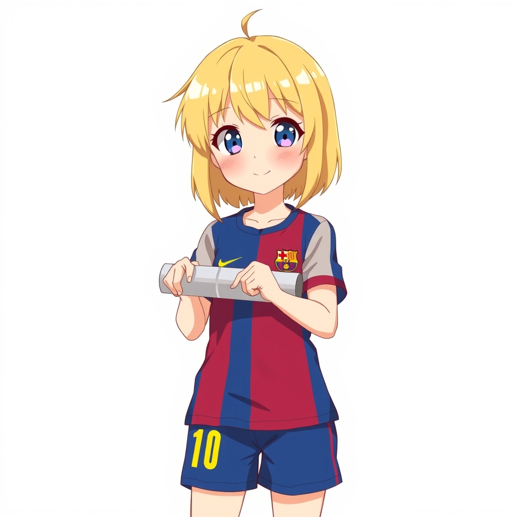 دختری که لباس بارسا پوشیده موهاش بلوند و با دوتا دستاش توب بگیره
0