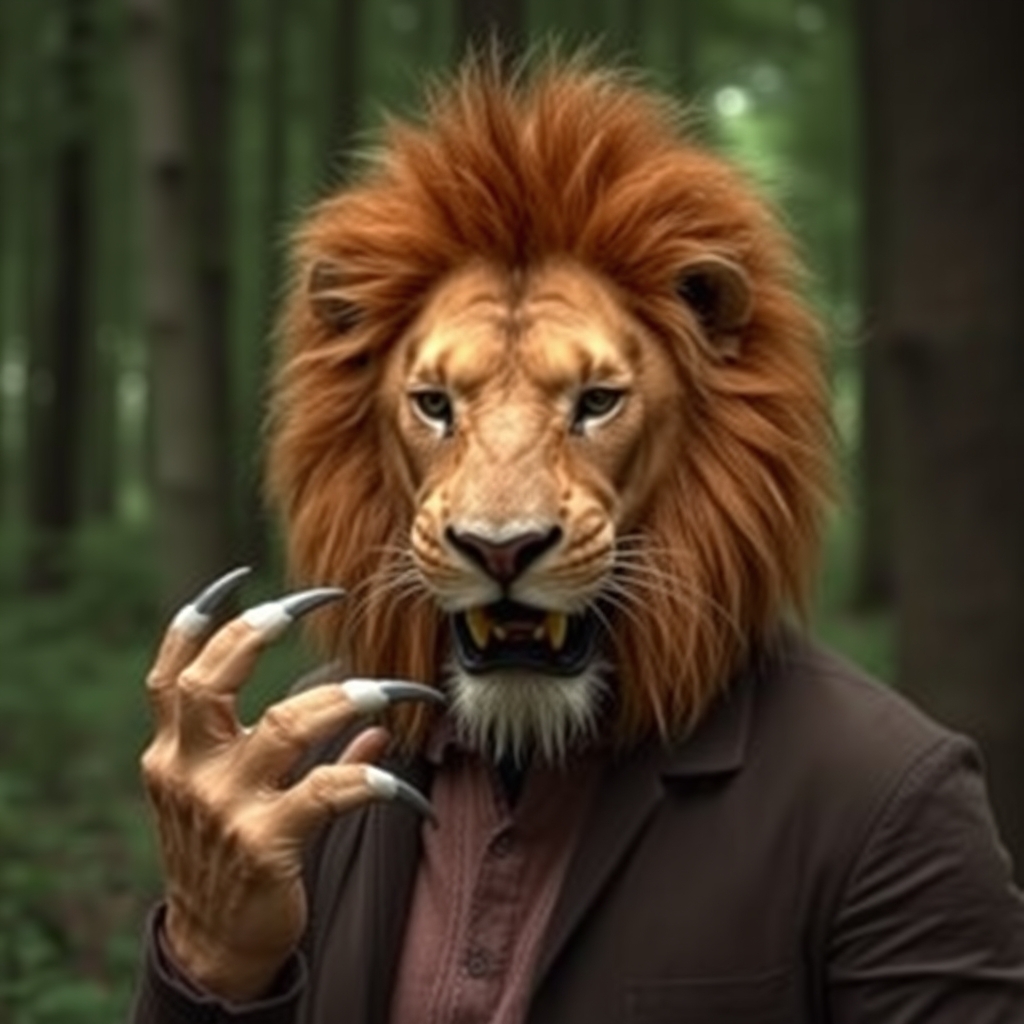 مردی در جنگل با سر و پنجه شیر 🦁0