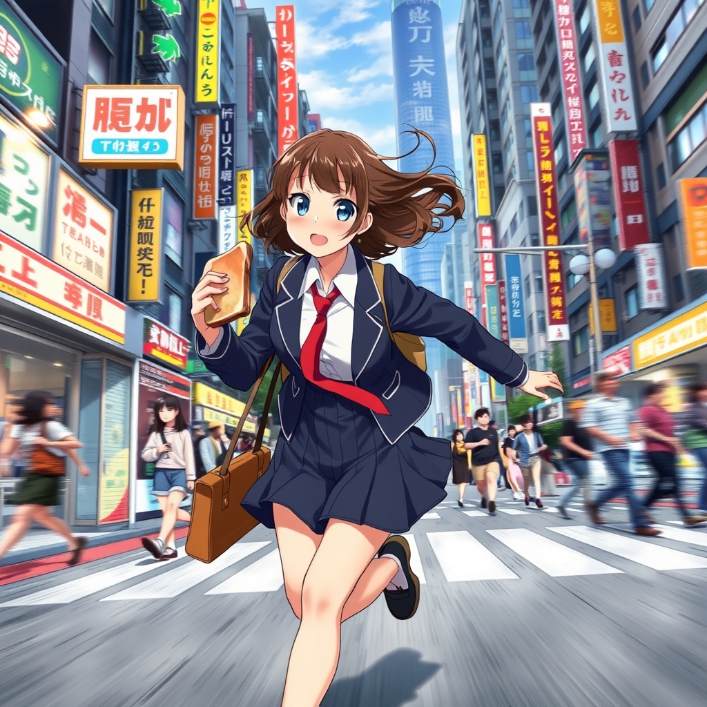 یک دختر انیمه‌ای با لباس مدرسه ژاپنی که در حال خوردن نان تست است و با عجله می‌دود، کیف مدرسه در دست، خیابان شلوغ توکیو.4