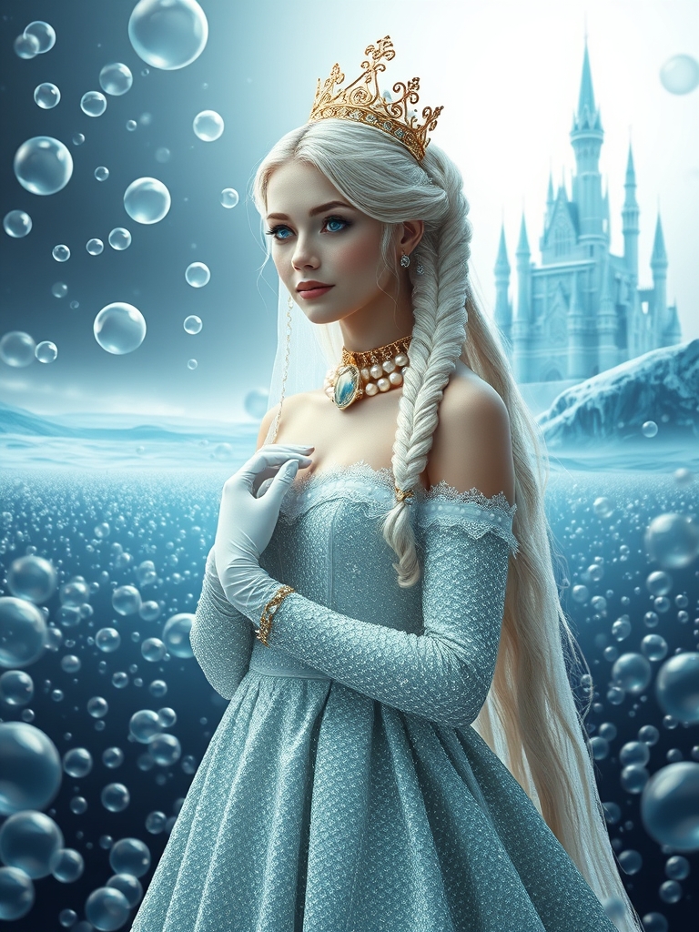  خواهر یک ملکه‌ی جوان  حباب ها زیبا و خوش اندام و جذاب با جواهراتی گرد دایره ای مانند در گردنش مروارید هایی کنار طلا و مویش رنگ سفید و یخی مخلوط که کنار مروارید بافته شده و با کشی مرواریدی بسته شده و دست کش سفید پوشیده و تاج هم دارد  و لباس سلطنتی حبابی پوشیده و مویش بلند است زیبا باشه و پس زمینه پر از حباب های بزرگ و کوچک است و در پشت ملکه قصری آبی یخی رنگی وجود دارد 20