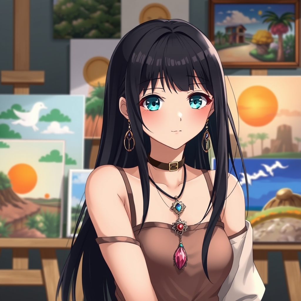 یه دختر هنر مند هست و تابلو های نقاشی اش را بصورت هنری چیدمان کرده.
دختر گردنبند و گوشواره های هنری دارد و لباس هایش الهام گرفته از هنر است.
و موی مشکی بلند و چشمهای فیروزهای دارد.
14