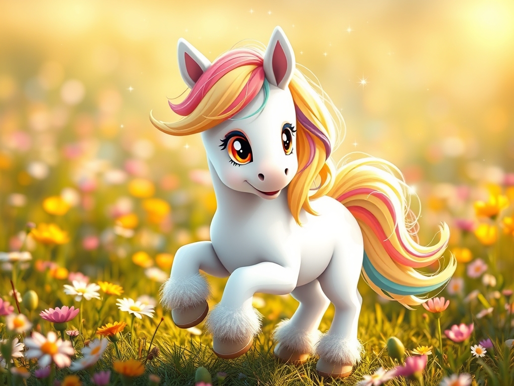 یک پونی خیلی ناز با رنگی سفید و رنگی رنگی و پفی ناز و چشم های رنگی اکلیلی و ثم های طلایی که اطرافش جرقه هایی از جادو رنگی با زمینه دشت گل زیبا10