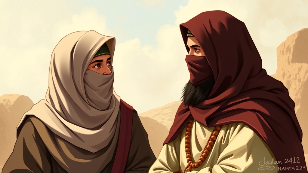 امام حسین (ع) در حال گفتگو با حضرت ام کلثوم خواهرشان که پوشش کامل و صورتشان با پارچه پوشیده است 8