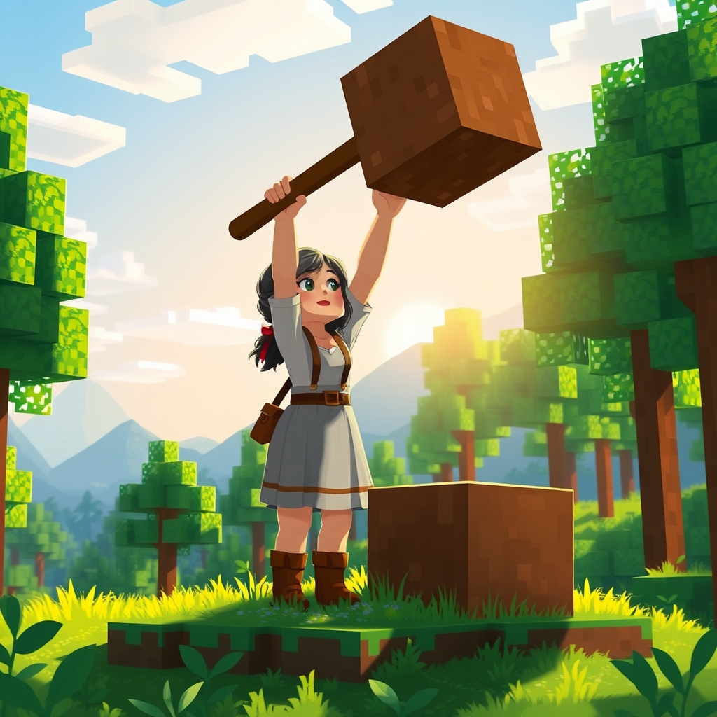 آنابل در ماینکرافت در حال کندن چوب
4