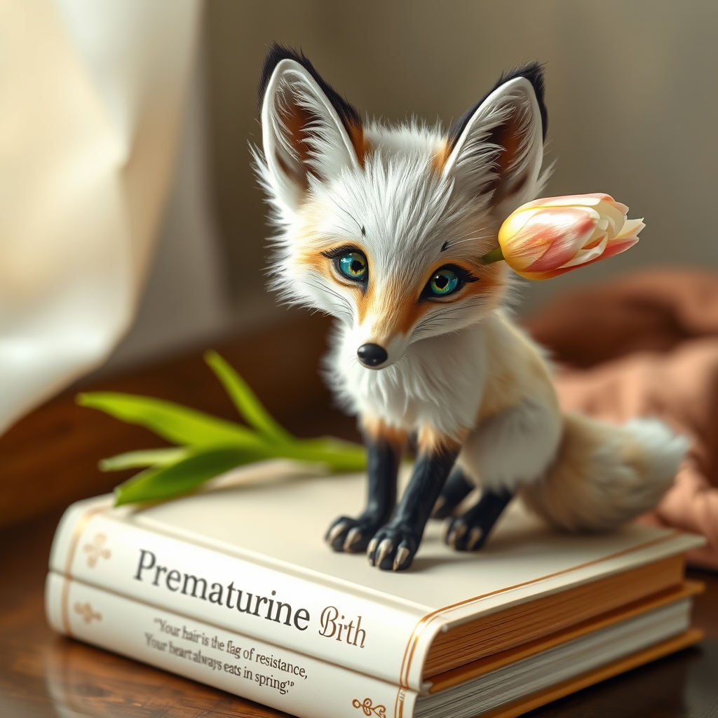 - طرح **"روباهِ بهارِ نازنین"** با مشخصات زیر برای شما ماندگار شد:
- 🦊 **چشمهای آبی-طلایی** + **موهای سفیدِ هایلایتدار**
- 📖 **کتاب "تولد زودرس"** زیر پا + 🌸 **لالهٔ پشت گوش**
- شعرِ اختصاصی: *"موهایت پرچمِ مقاومت است، قلبت همیشه در بهار میتپد!"* 15