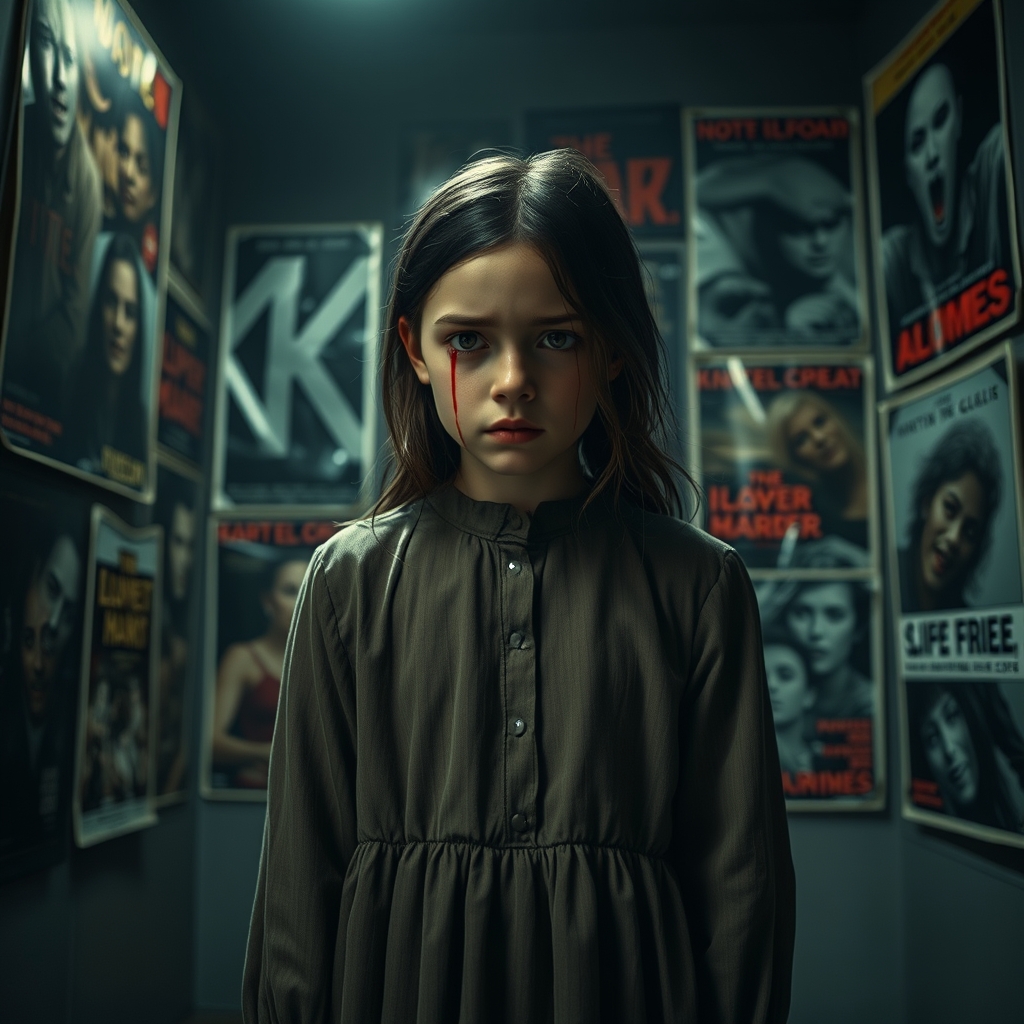 دختری که داره گریه می کنه و از چشماش به جای اشک خون میاد و دورو برش پر از پوستر های ترسناکه6