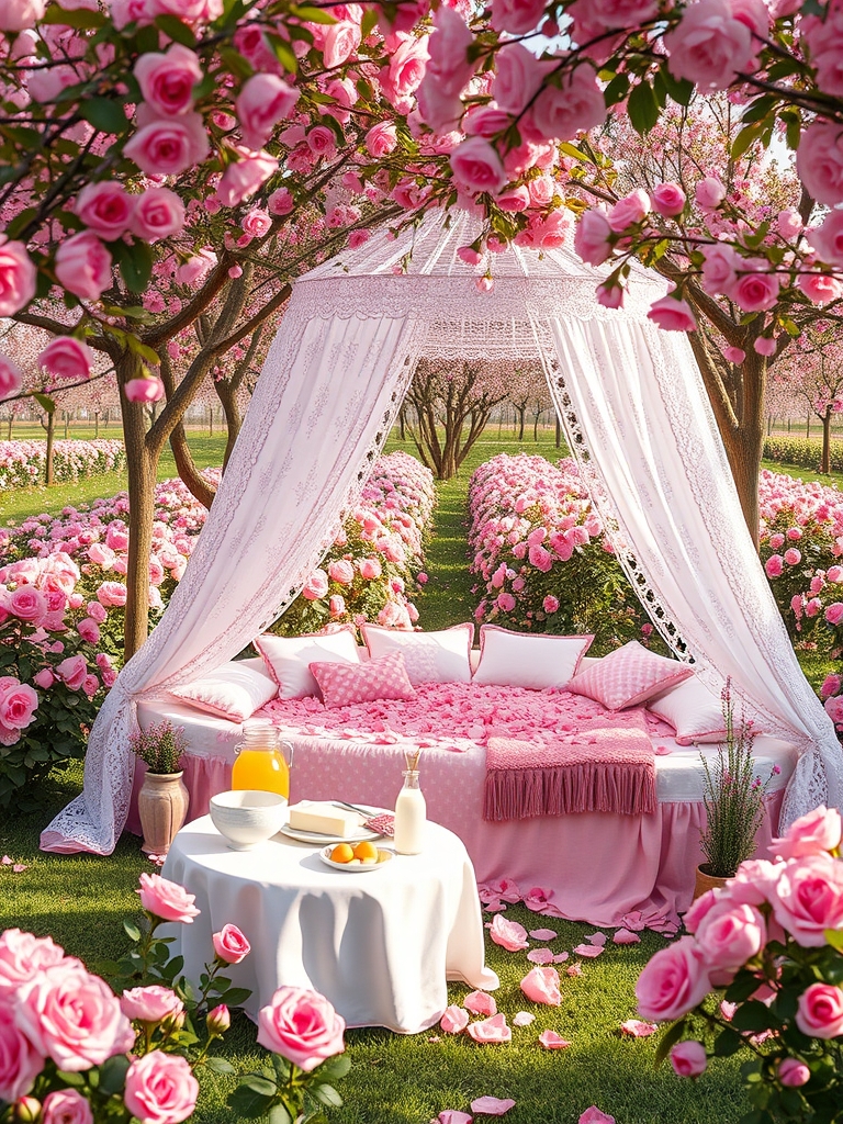 در صبح بهاری باغ گل رز صورتی در احاطه درختان پر شکوفه زیر تونل درست شده از گل های سرخ یک خیمه توری گل بهی سفید و صورتی با تخت گرد صورتی با کوسن های سفید پر از گل های رز صورتی و میز کوچک سفید با نان کره خامه عسل میوه شیر
0