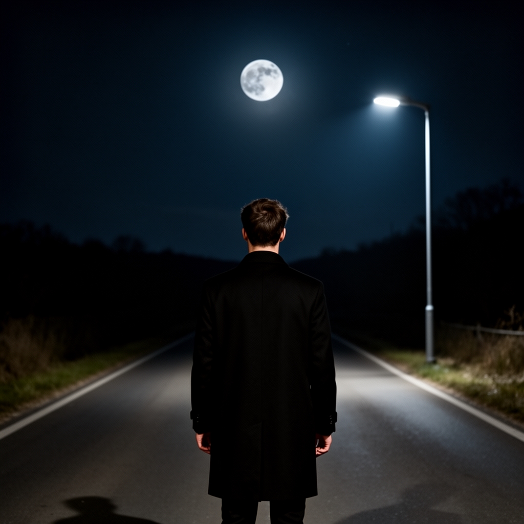 جاده ای در تاریکی شب و آسمانی صاف با ماه کامل ک اطراف جاده معلوم نیستند و تنها یک تیر چراغ در کنار جاده است با لامپی با نور سفید و  مردی ک پشتش رو ب تصویر است و مالتو سیاه پوشیده است 
4