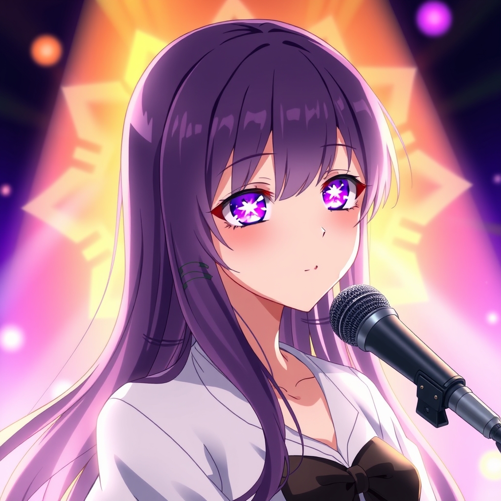 یه دختر زیبا که خواننده است و موهای بنفش بلند دارد و چشمانش ستاره شش ضلعی دارد و چشمانش بنفش است6