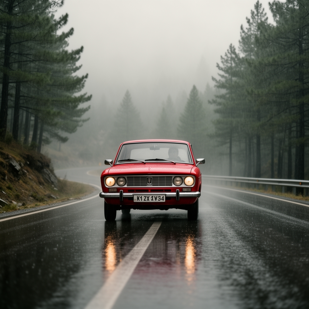 پیکان جوانان گوجه‌ای رنگ کلاسیک که در جاده چالوس شمال ایران حرکت می‌کند، جنگل‌های مه آلود در اطراف، هوای بارانی و نوستالژیک.1
