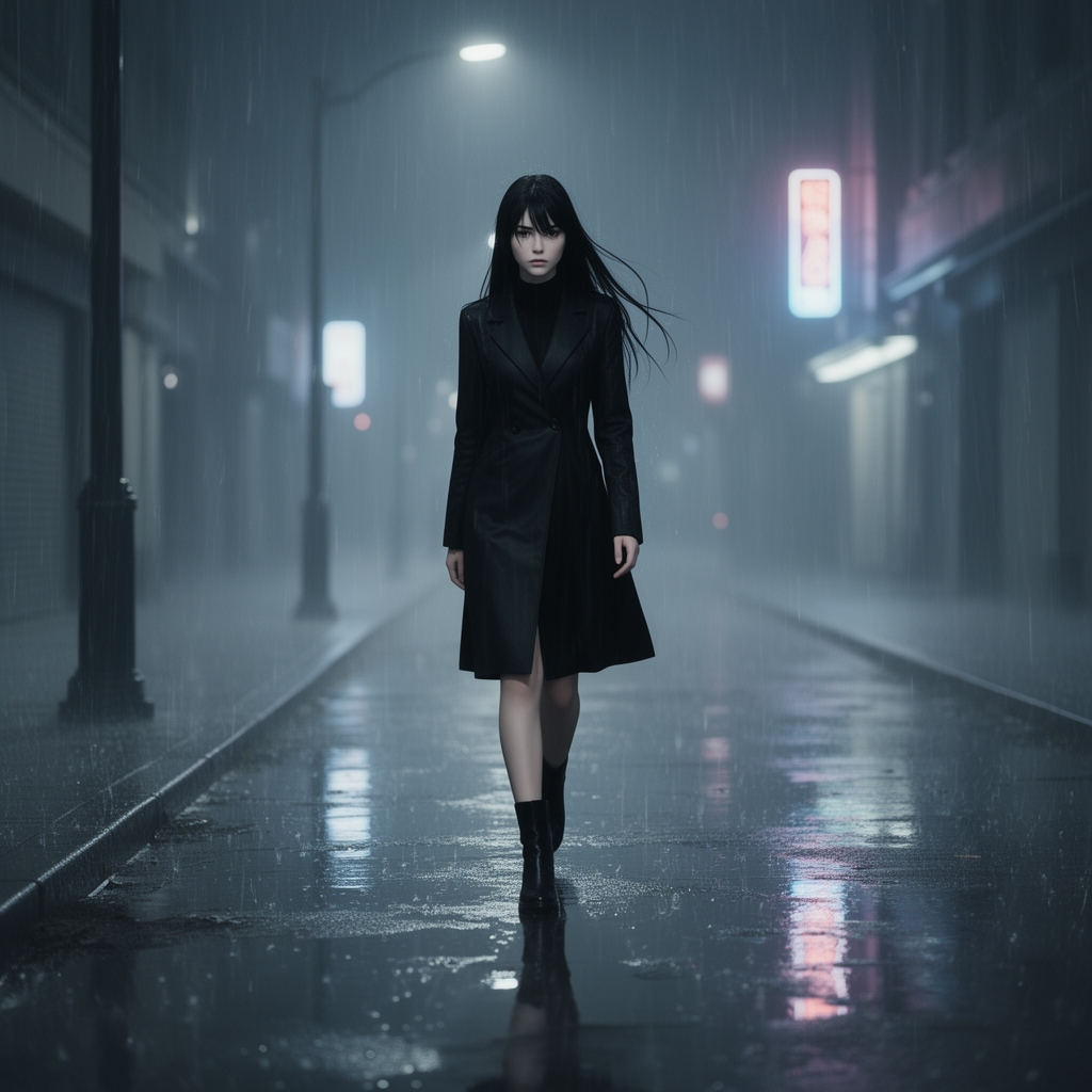 عکس یک دختر با موهای مشکی بلند و چشمان مشکی و زیبا با پوستی سفید و کاپشن مشکی و چکمه های مشکی که در پیاده رویی راه می رود شب است و باران می بارد و او تنها در پیاده رو راه می رود و غمگین است0