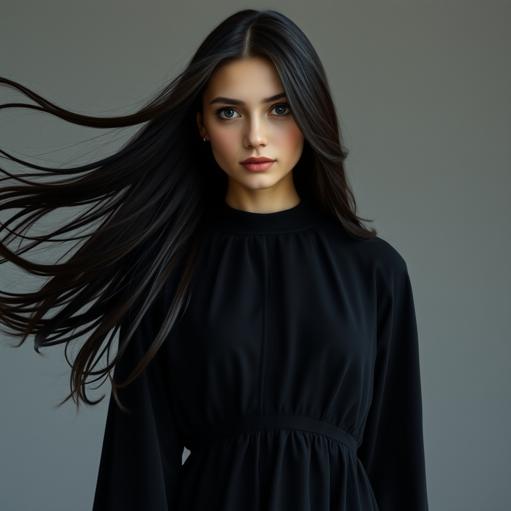 یک زن جوان با موهای خیلی بلند مشکی و چشمان بزرگ مشکی با پوستی سفید و لباس مشکی کوتاه و اندامی زیبا9