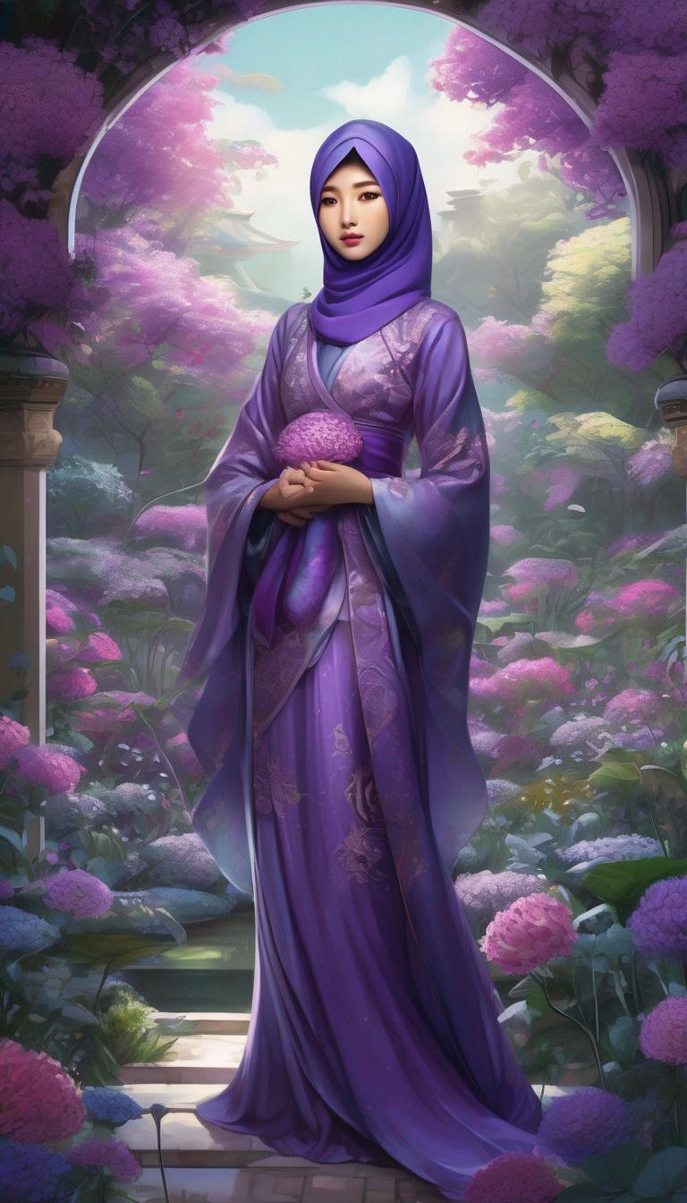 A Korean Muslim girl with a full hijab and a long Purple cloth covering all her body parts in the middle of a mysterious and magical garden.18