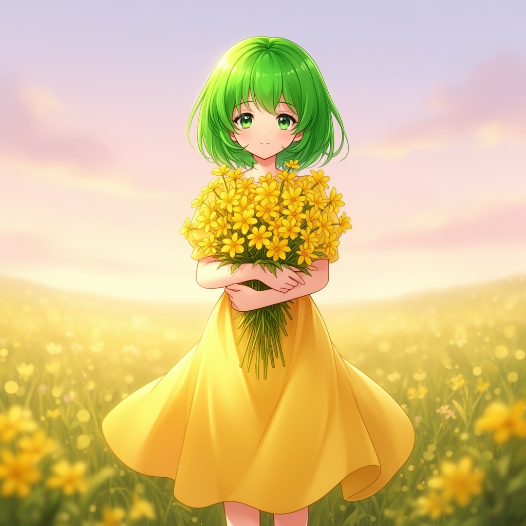 تصویر انیمه دختری با لباس زرد و موهای سبز که گلهای زردی در آغوش دارد
2