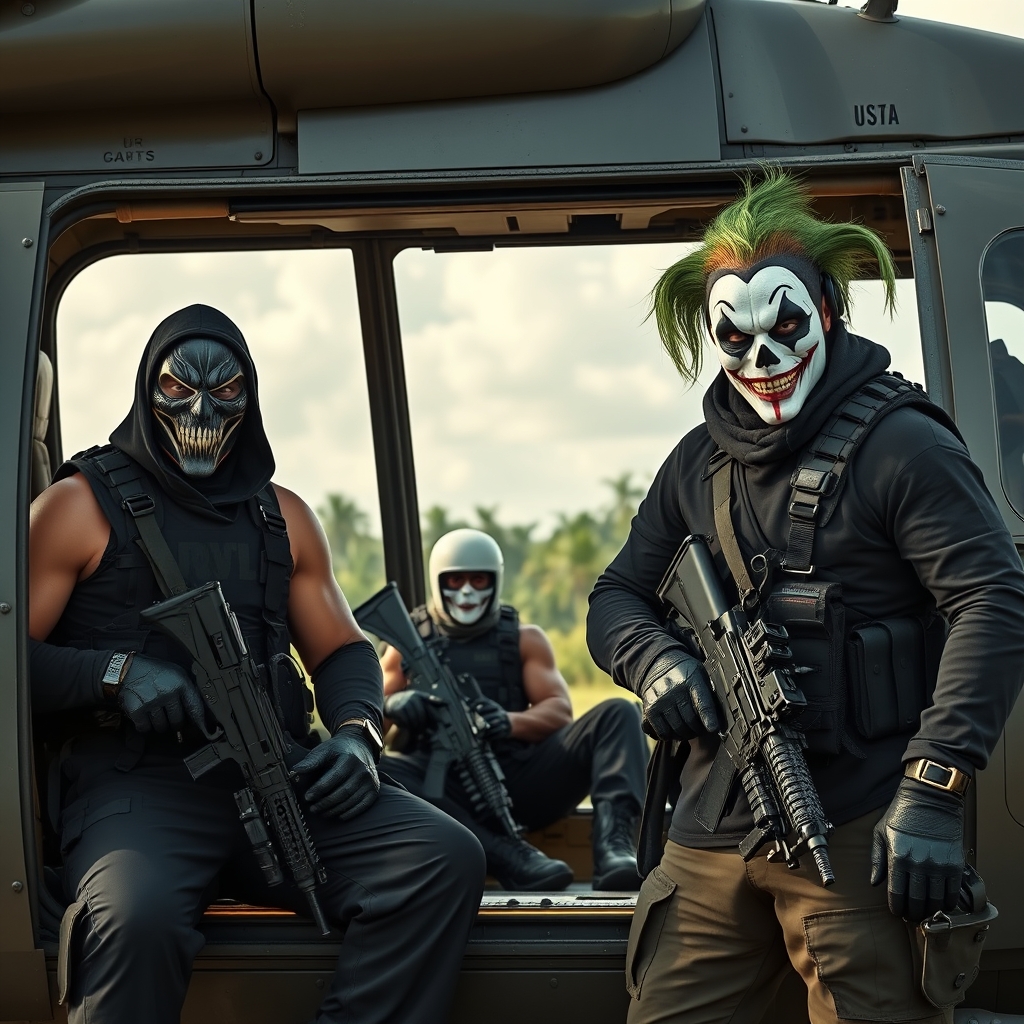 دو تا فرد نظامی خوش هیکل ورزشکار با لباس تیره که روی بالگرد نشسته فرماندهشان هم کنار آنها ایستاده نفر اولی با ماسک کامل صورت خشن و نفر دومی با ماسک کامل اسکلت سفید و فرمانده آنها با ماسک جوکر دلقک با اسلحه و تجهیزات و کلت به کمر کنار هلیکوپتر ایستاده و یک نفر آنها بر روی هلیکوپتر روی صندلی نشسته با جزئیات روز در جنگل فرودگاه23