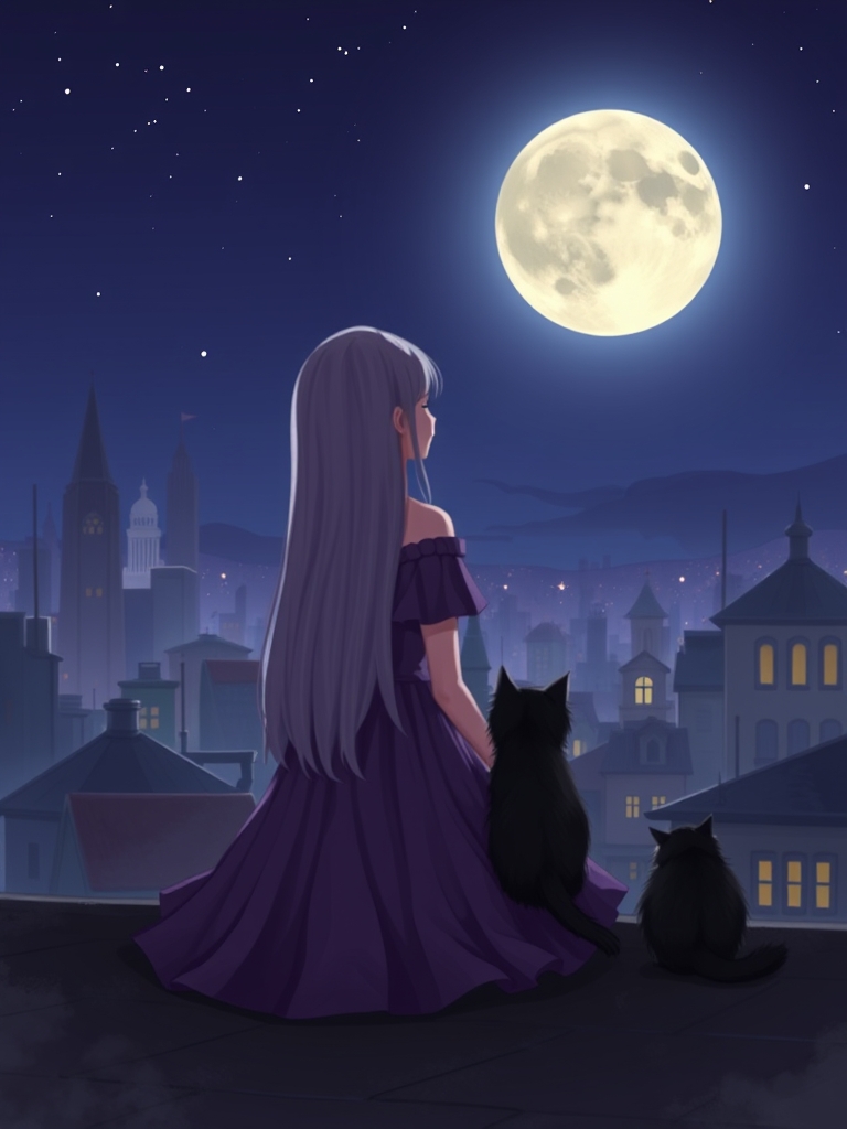 عکس یک دختر با موهای بلند و صاف و لباس بنفش که پشت به دوربین است و گربه ای سیاه و پشمالو که پشت به دوربین است در بقل
داردکه در پشت بام نشسته و دارد ماه را نگاه می کنند و ماه هم کامل است و منظره شهر با ساختمان های بلند و کوتاه هم معلوم است6