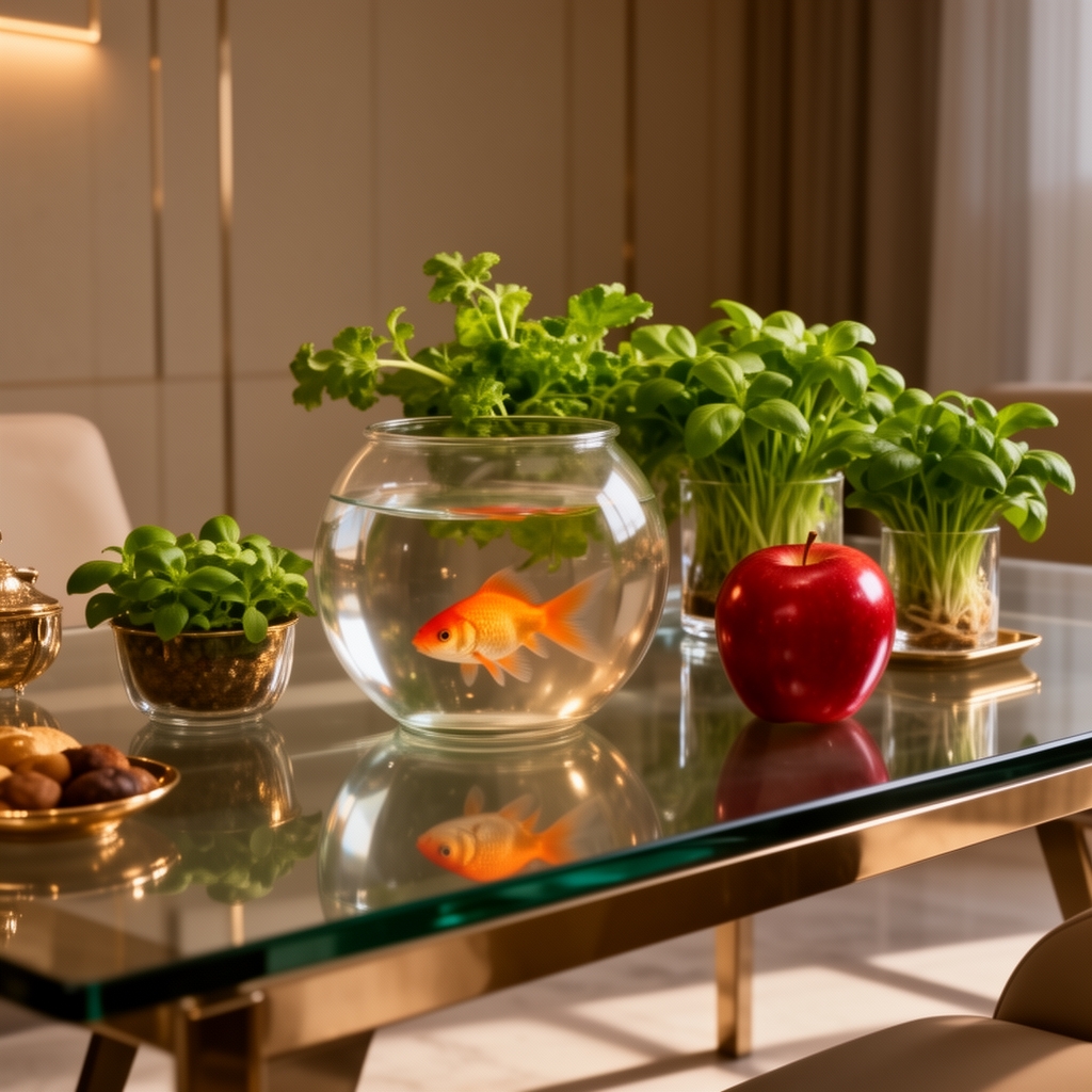 سفره هفت سین ایرانی مدرن روی میز شیشهای، تنگ ماهی و سبزه و سیب، نورپردازی سینمایی و گرم، نمای لوکس و امروزی.3