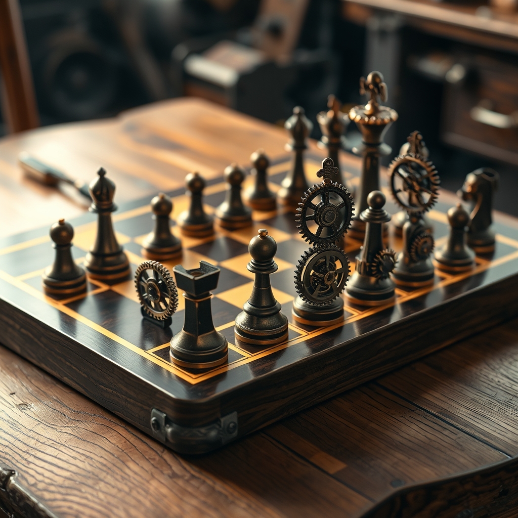 یک صفحه شطرنج به سبک استیم‌پانک با مهره‌هایی به شکل چرخ‌دنده‌ها.1