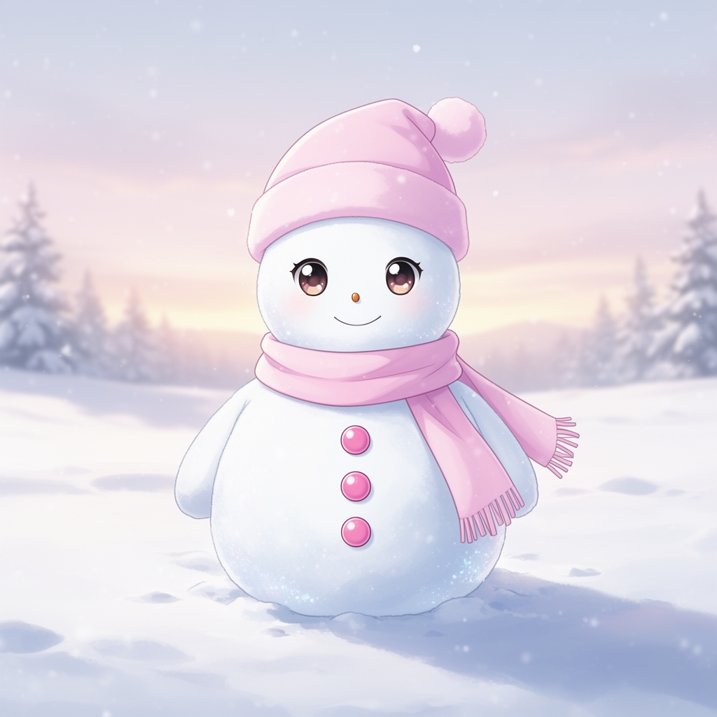 یک ادم برفی زیبا که یک کلاه صورتی رو سرش است با یک شال گردن صورتی و دکمه های صورتی3