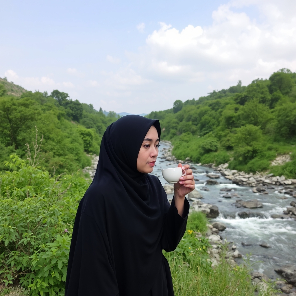 یک زن با حجاب چادر مشکی درحال چای خوردن در فضای سر سبز و کنار رودخانه سنگی پر ازاب و اسمان صاف پراز ابر 5
