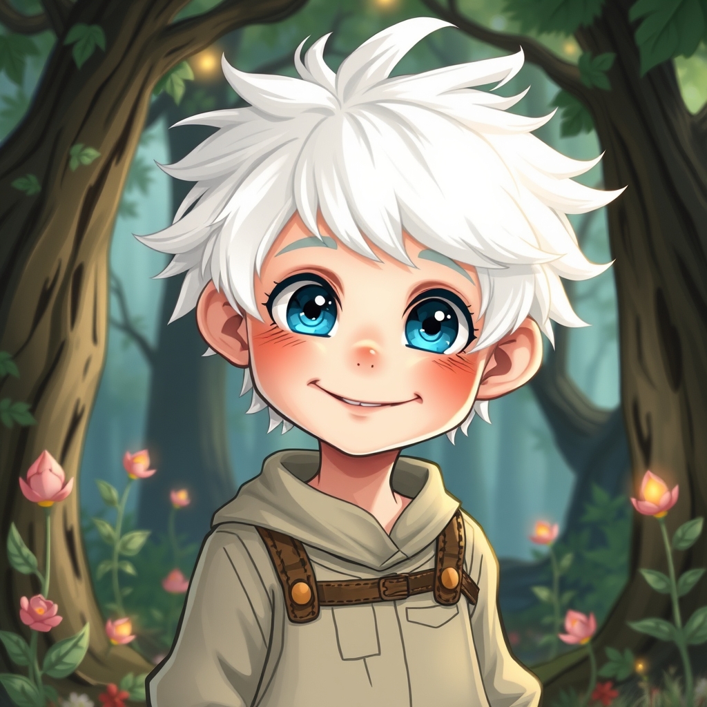 یک پسر با موهای سفید چشمای  های آبی نورانی با یک لبخند 4